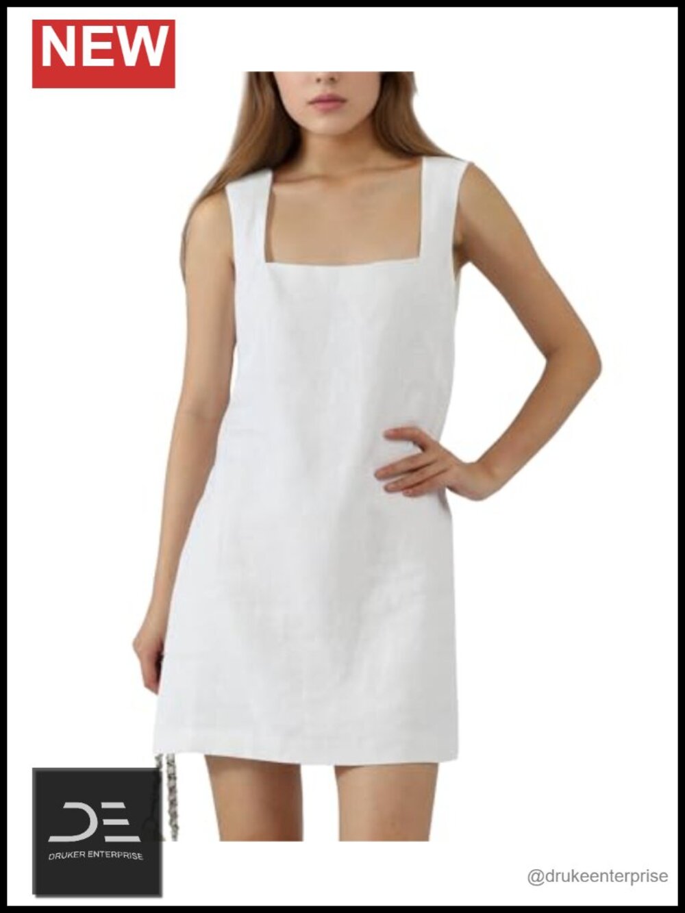 Womens 100% Linen Mini Dress Square Neck Tailored Fit Sleeveless